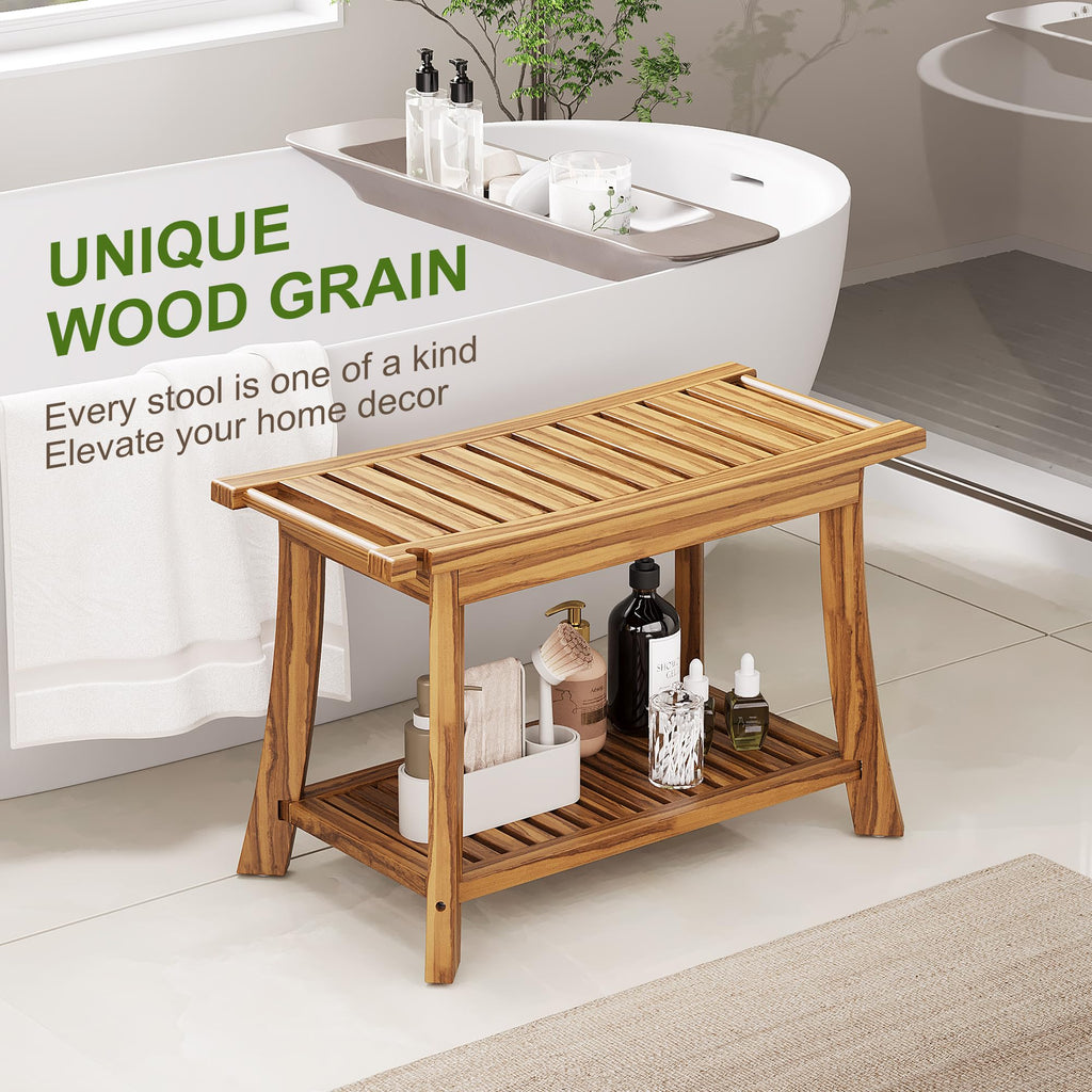 24" Teak Shower Bench with Handles & Towel Shelf D143