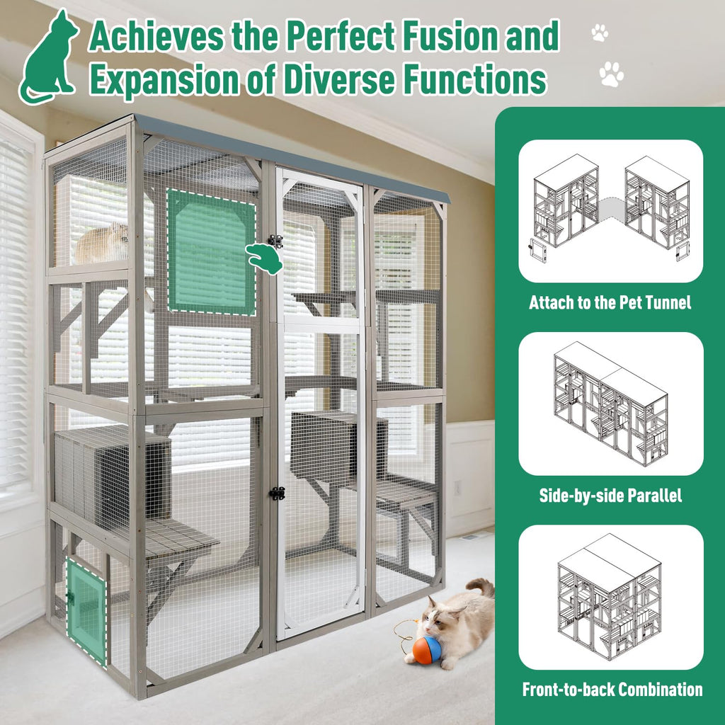 Large Wooden Outdoor Cat Catio Enclosure with 2 Doors, 2 Resting Rooms, 5 Platforms U22433