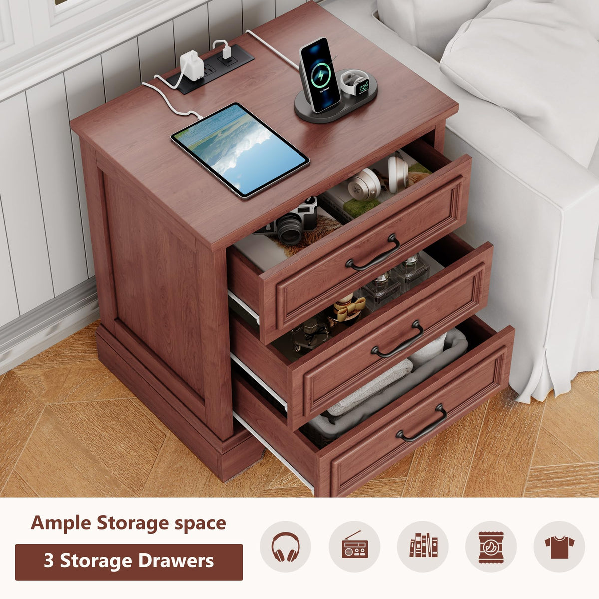 Cherry Brown 3 Drawer Nightstand with Charging Station M77266