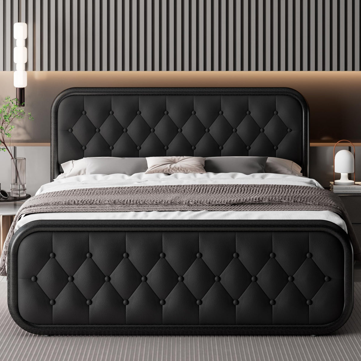 Full Size Upholstered Platform Bed Frame with Faux Leather Headboard L160654