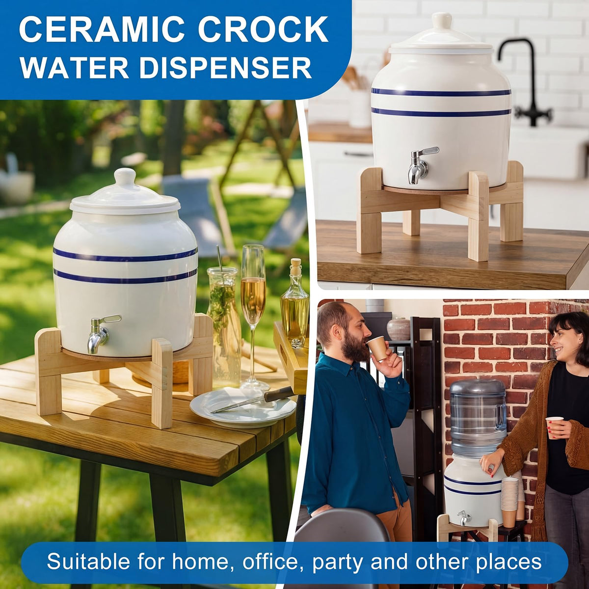 Ceramic Water Dispenser with Wood Stand and Stainless Steel Faucet Q840749