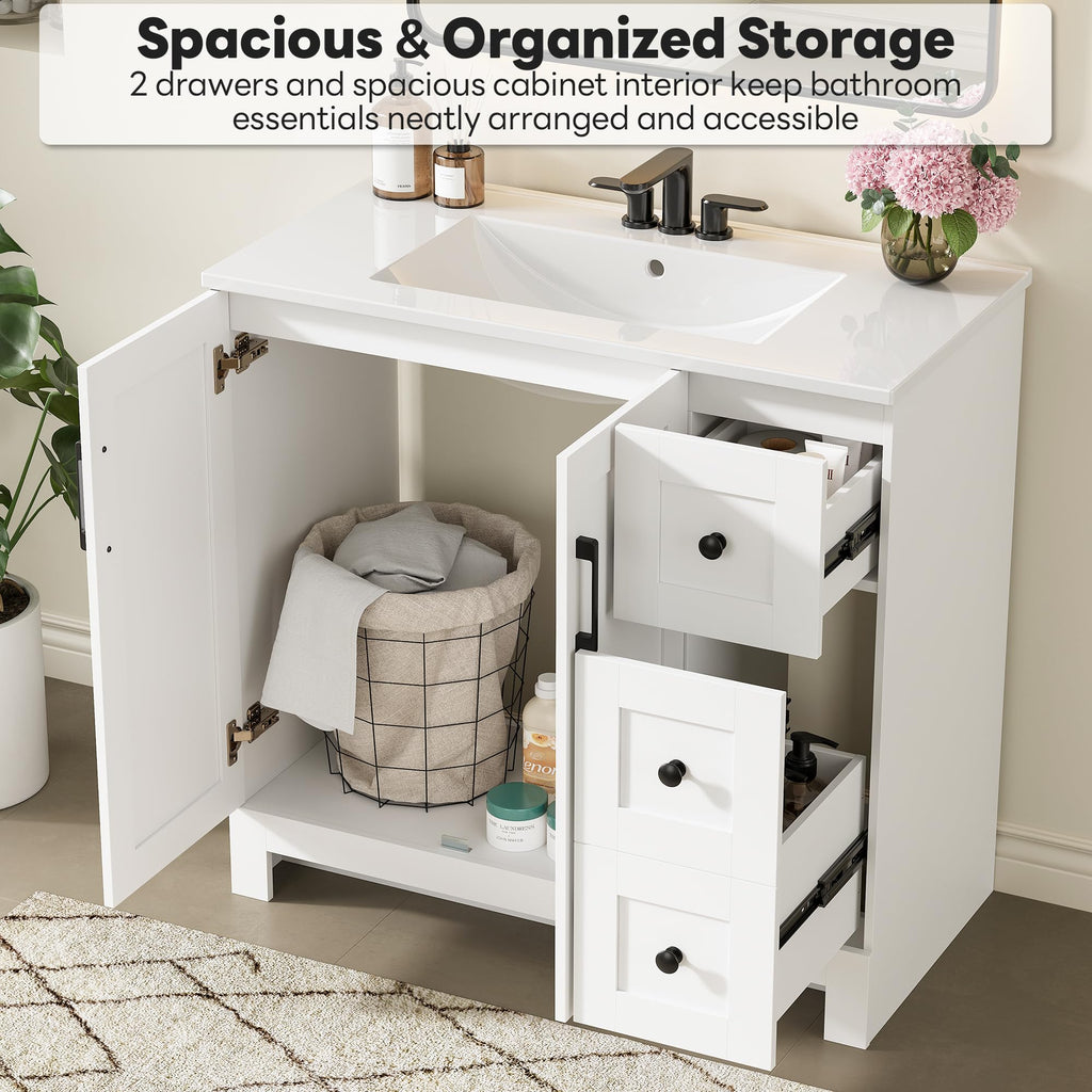 36" White Bathroom Vanity with Sink, 2 Soft-Close Drawers & Doors T815