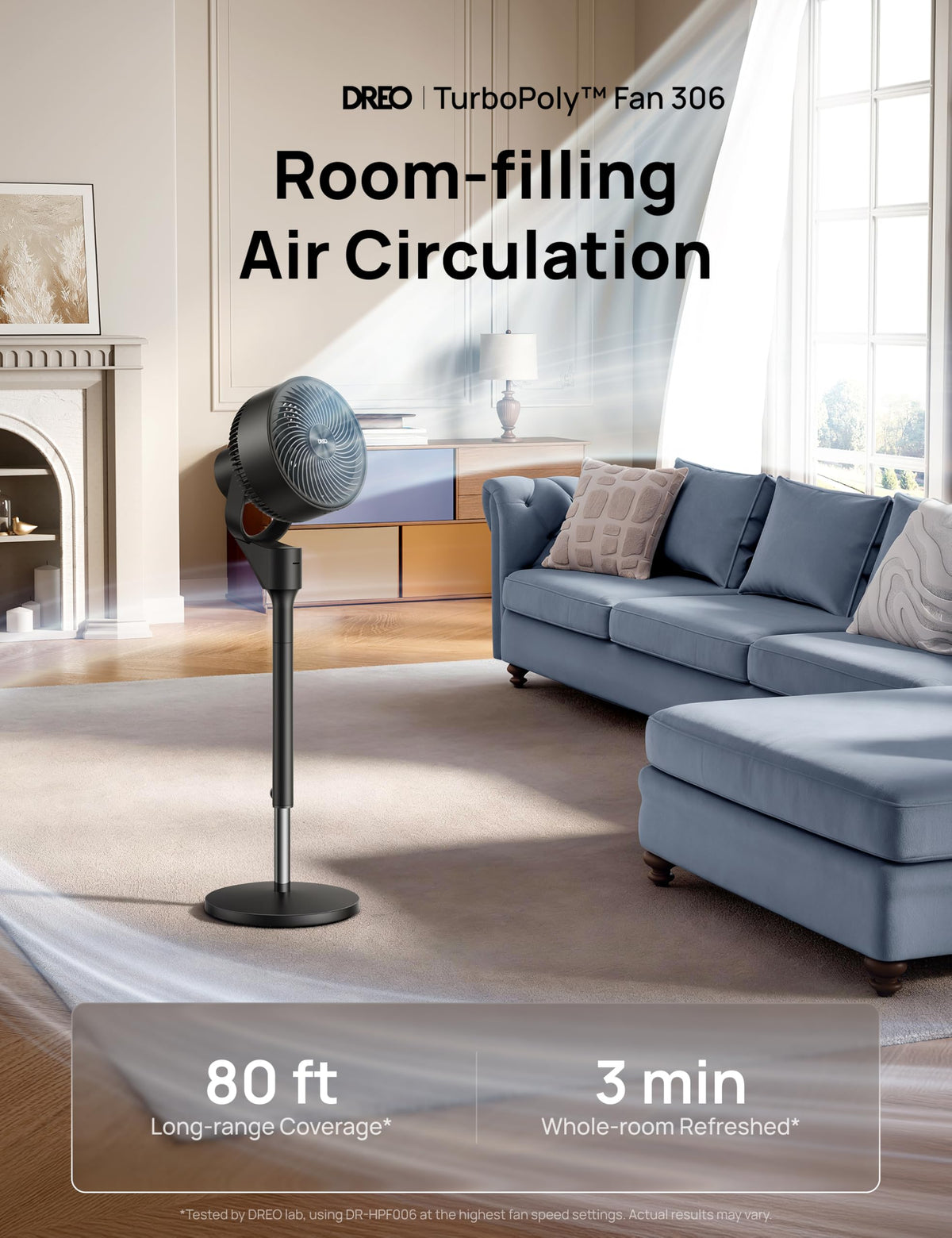 80° Oscillating Standing Fan, 20dB Quiet, 3 Speeds, Remote, Adjustable Height G2894