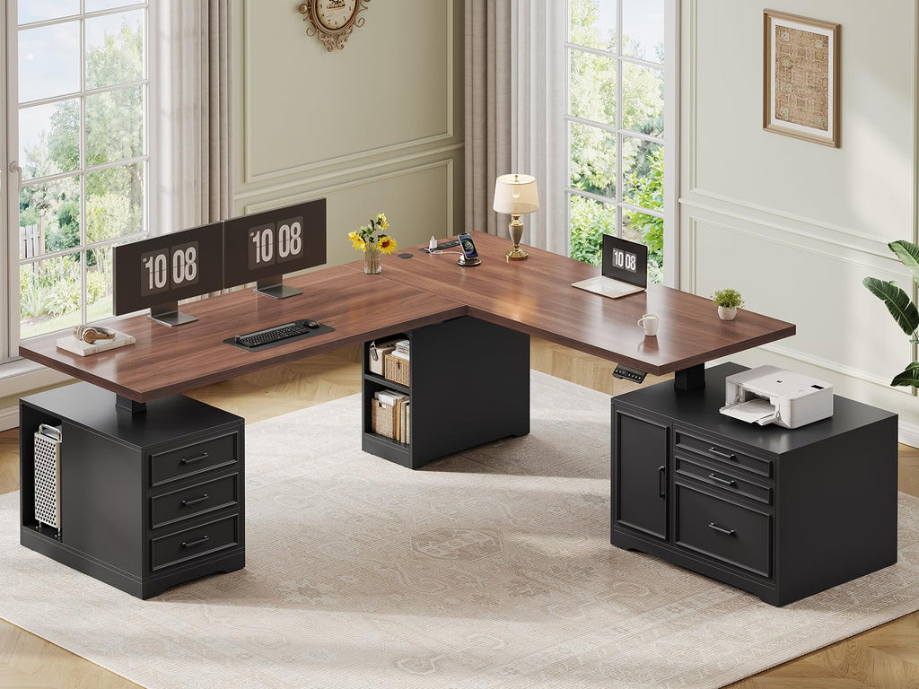 L Shaped Black Electric Standing Desk with 6 Drawers E9142