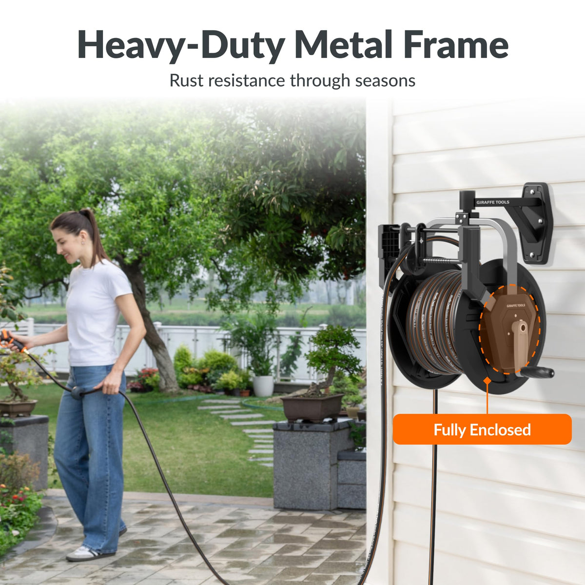 Garden Hose Reel Wall Mount, 125FT 5/8" Hose Capacity, Heavy Duty with Crank G8433