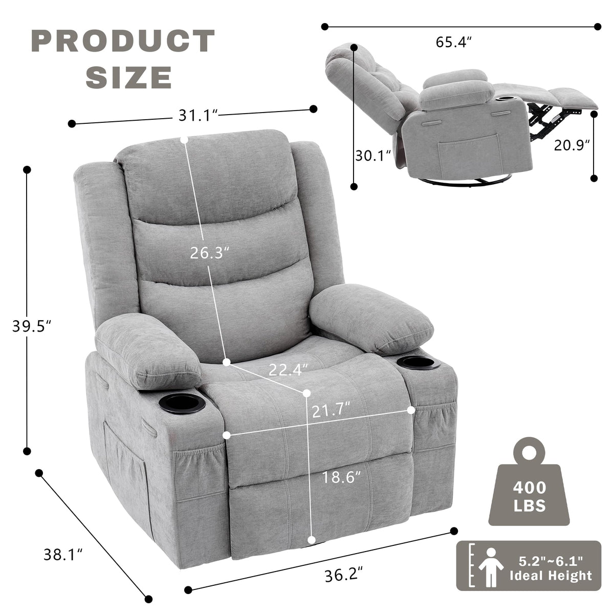 Grey Chenille Swivel Rocker Recliner Chair T774158