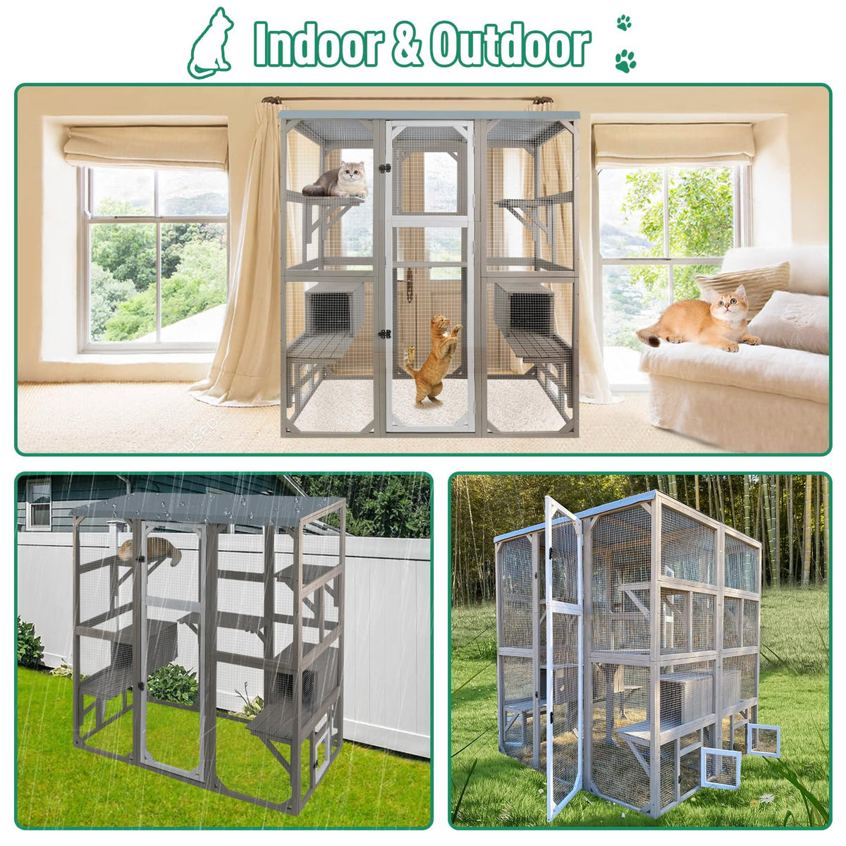 Large Wooden Outdoor Cat Catio Enclosure with 2 Doors, 2 Resting Rooms, 5 Platforms U22433