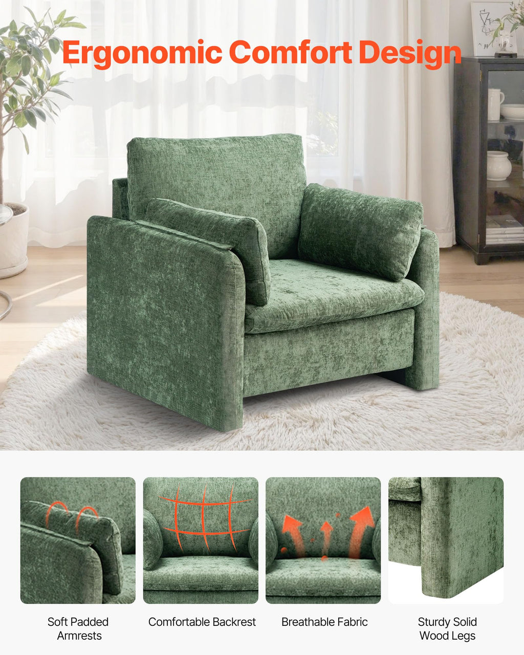 Oversized Green Accent Chair with Padded Arms K697