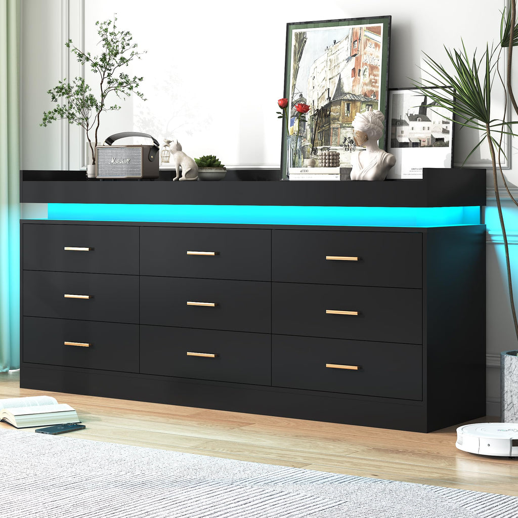 Black 9 Drawer Dresser with Charging Station and LED Lights U57051