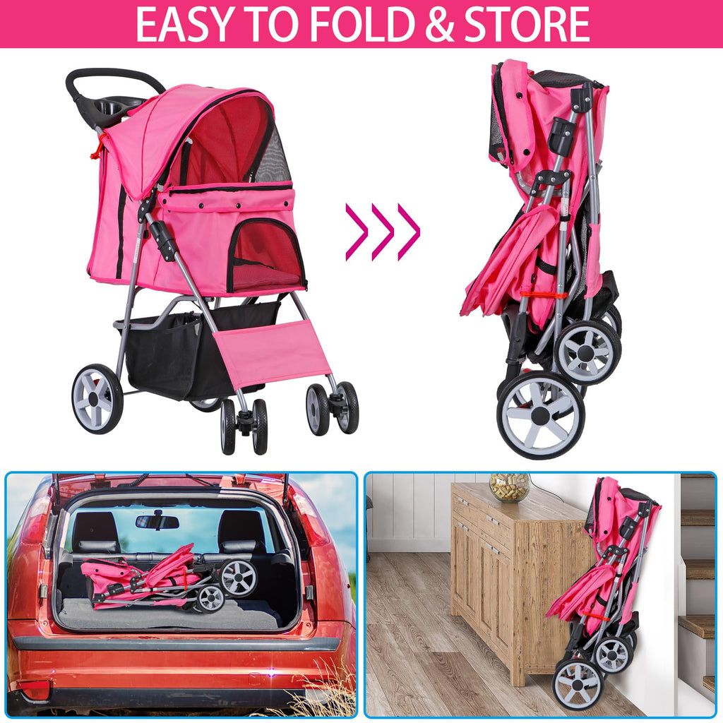 Foldable Pet Stroller with Waterproof Cover, Pink H781633
