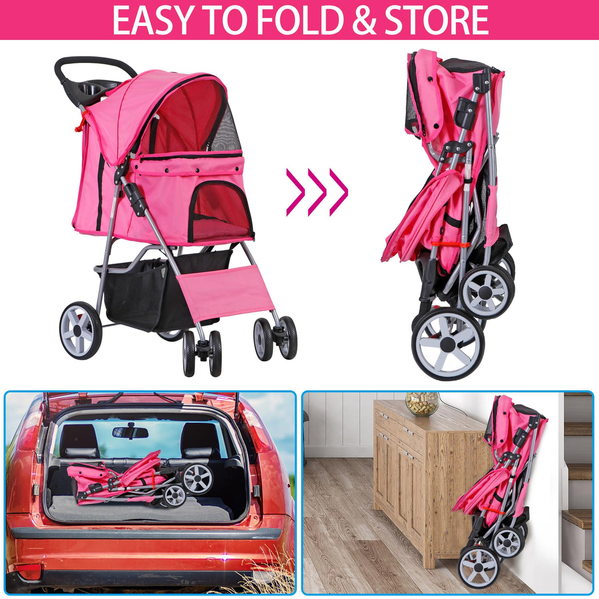 Foldable Pet Stroller with Waterproof Cover, Pink H781633