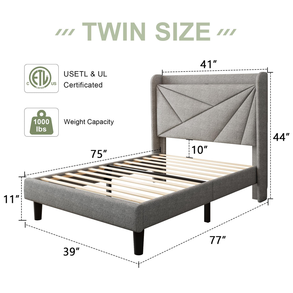 Light Gray Upholstered Twin Bed Frame with Storage Headboard E304989