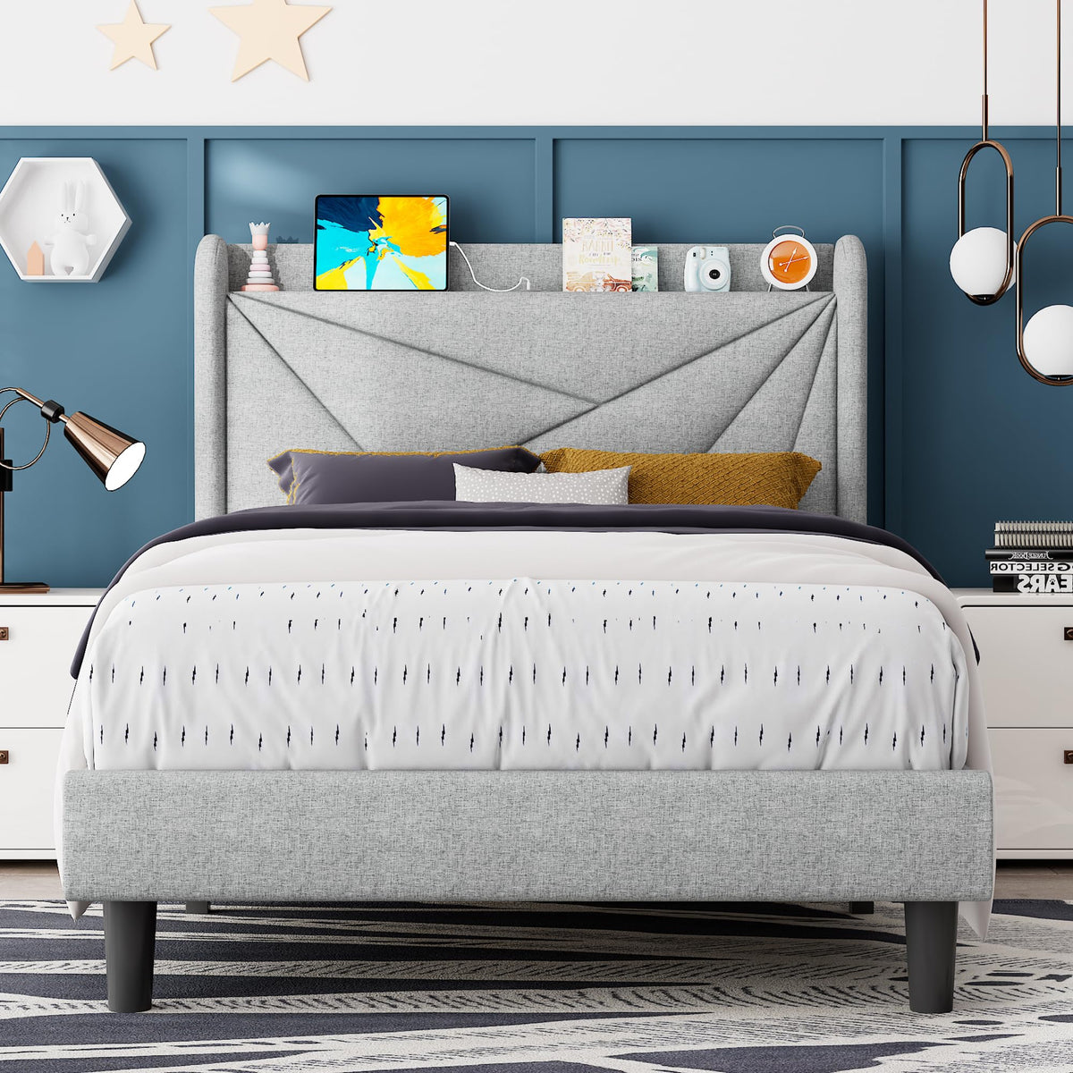 Light Gray Upholstered Twin Bed Frame with Storage Headboard E304989