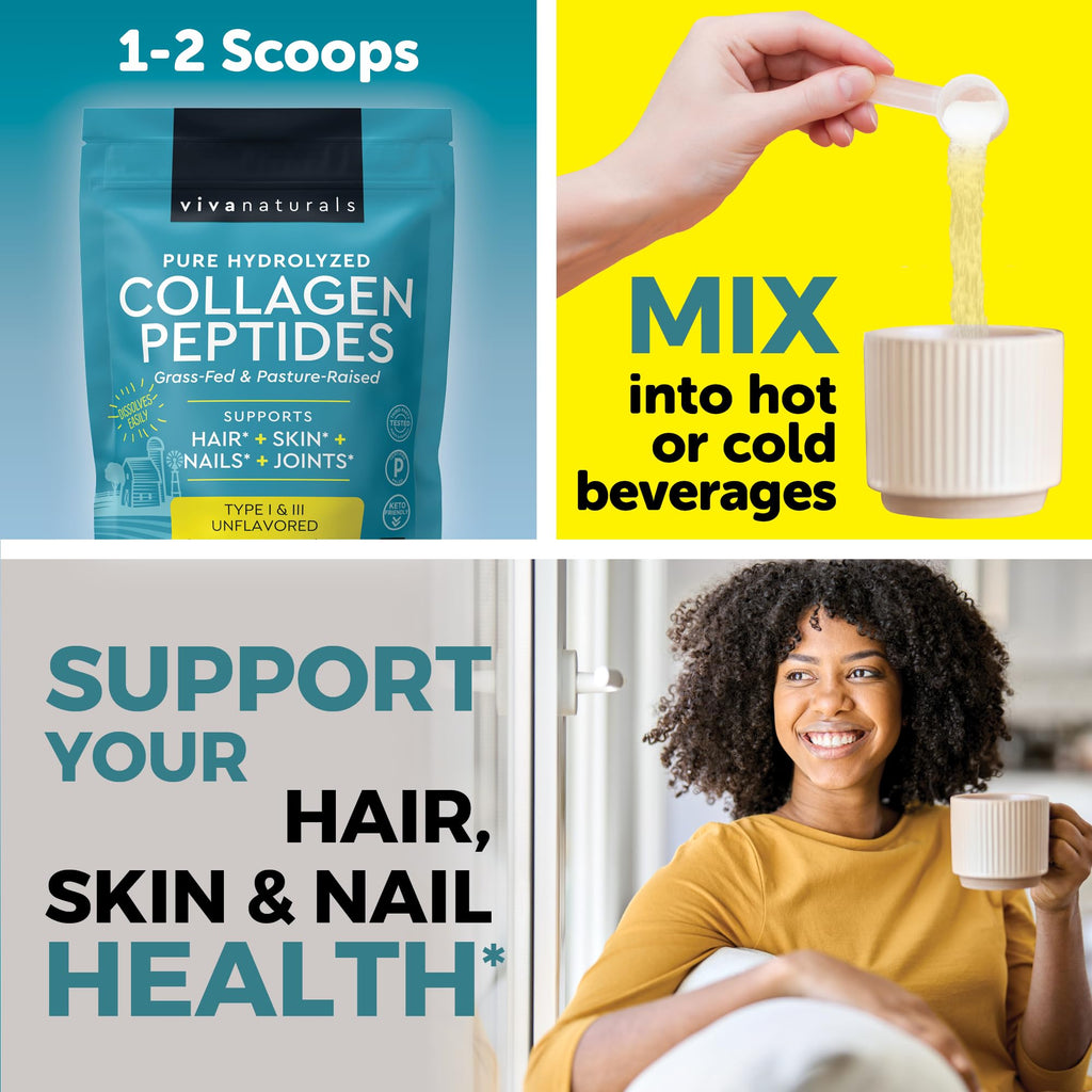 Collagen Peptides Powder - Grass-Fed Hydrolyzed Bovine, Type I & III - 19 g Protein, Unflavored - 1lb T445
