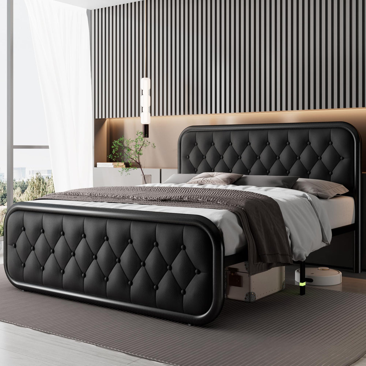 Full Size Upholstered Platform Bed Frame with Faux Leather Headboard L160654