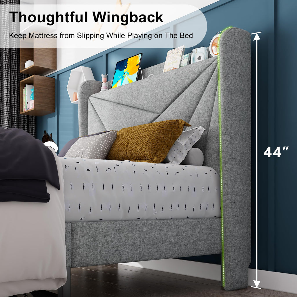 Light Gray Upholstered Twin Bed Frame with Storage Headboard E304989