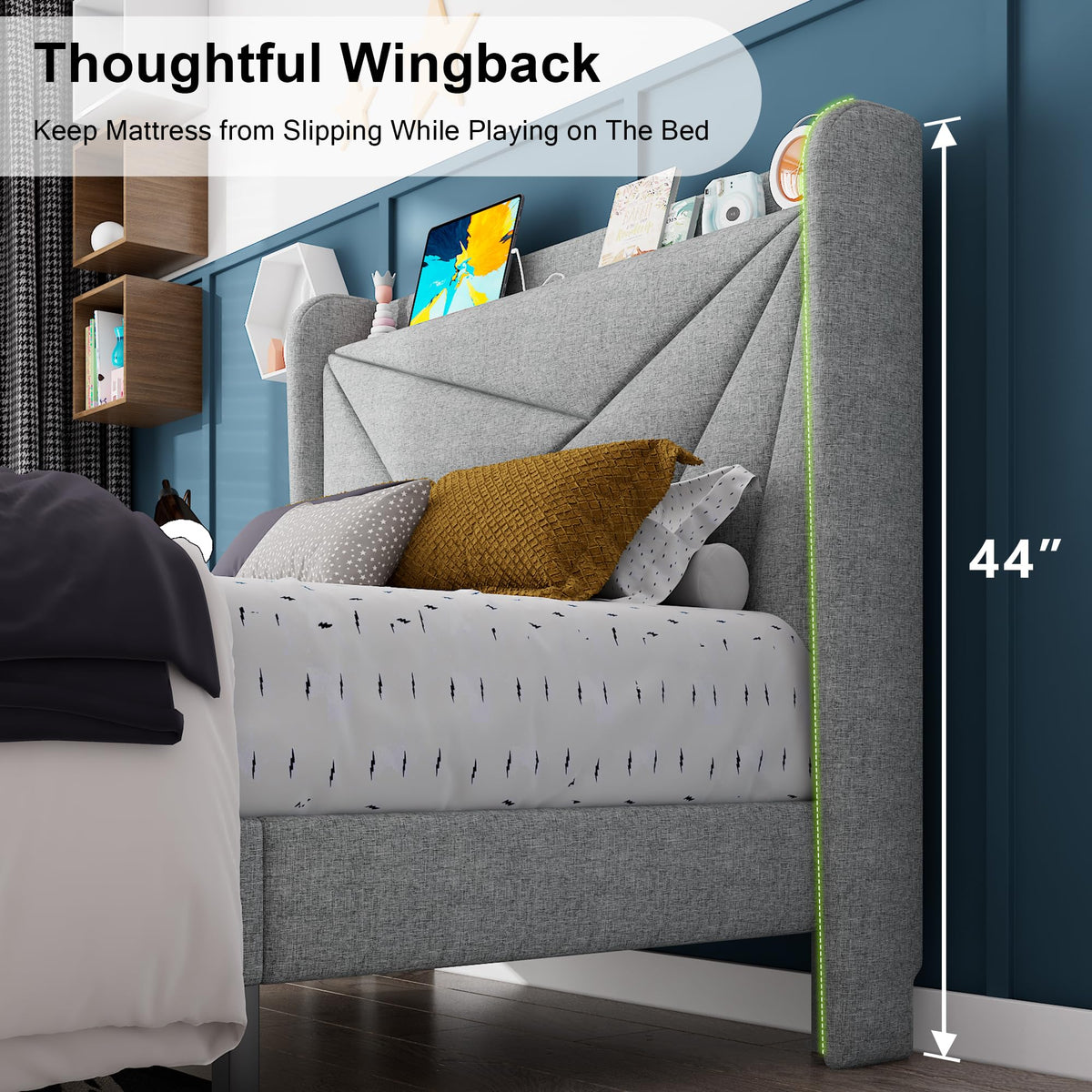 Light Gray Upholstered Twin Bed Frame with Storage Headboard E304989
