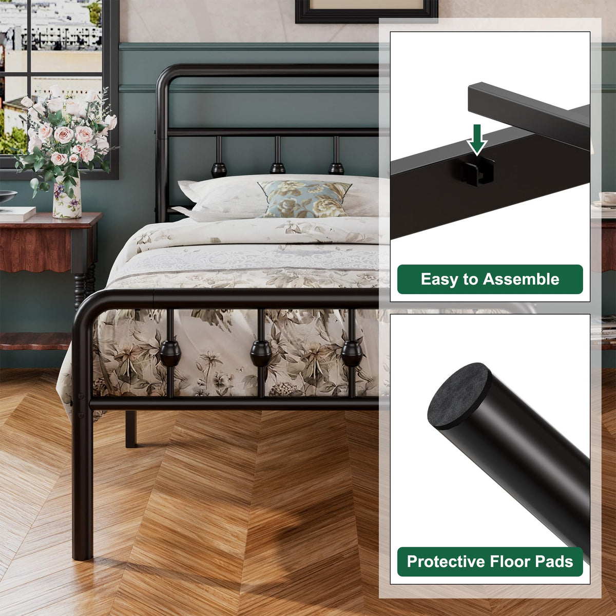 16 Inch Twin Metal Platform Bed with Headboard and Footboard T80257