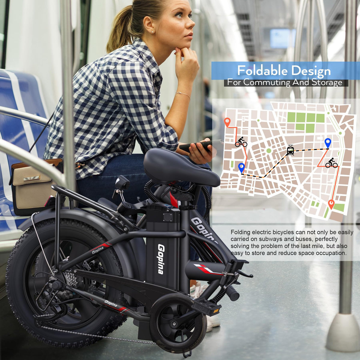 Peak 500W Step Over Electric Bicycle, 16" x 3.0 Fat Tire, 48V Removable Battery, 7 Speed P456