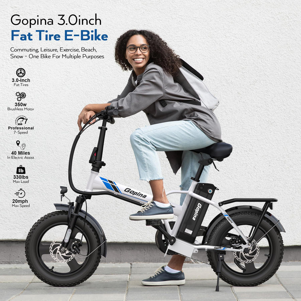 Peak 500W Step Over Electric Bicycle, 16" x 3.0 Fat Tire, 48V Removable Battery, 7 Speed P456