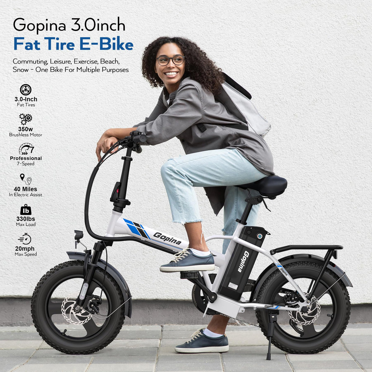 Peak 500W Step Over Electric Bicycle, 16" x 3.0 Fat Tire, 48V Removable Battery, 7 Speed P456