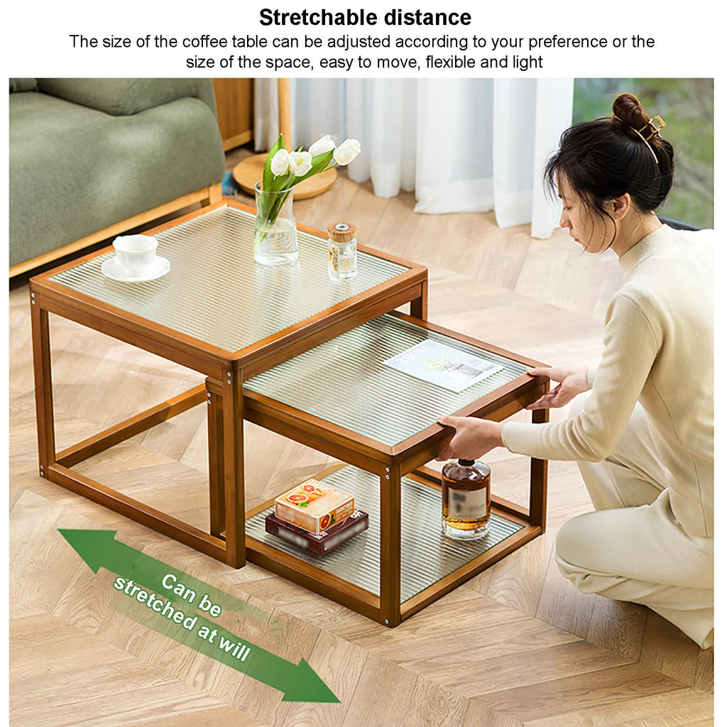 Square Glass Nesting Coffee Tables Set of 2 with Bamboo Frame D529934
