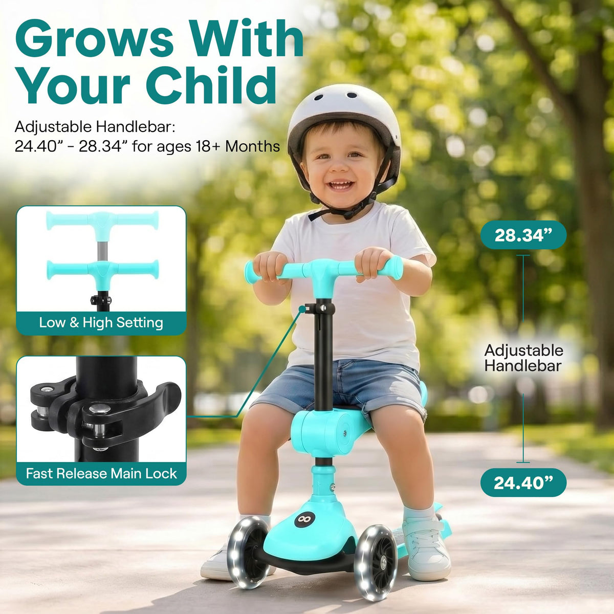3-Wheel Kids Scooter with Seat, LED Wheels, Adjustable Handlebar G6496