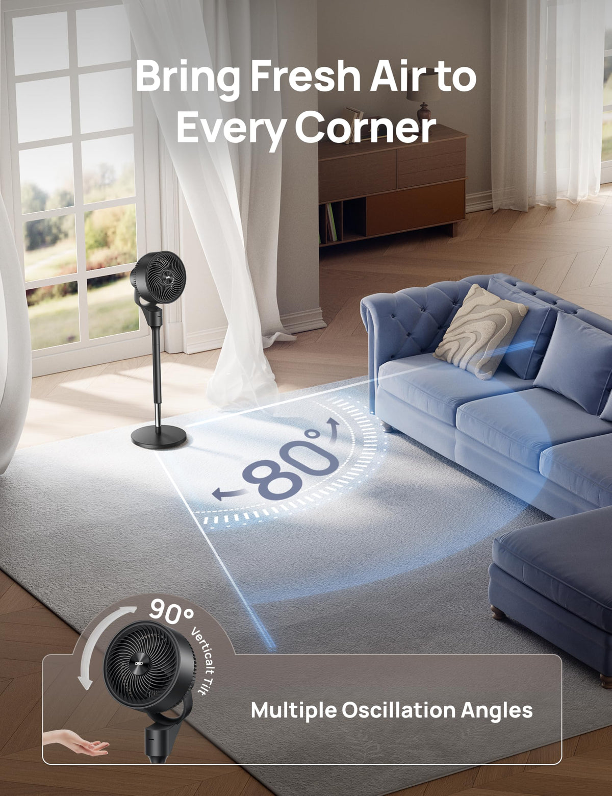80° Oscillating Standing Fan, 20dB Quiet, 3 Speeds, Remote, Adjustable Height G2894