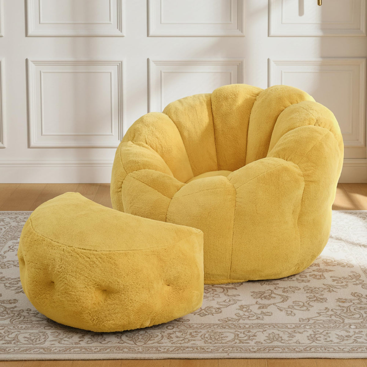 Yellow Faux Fur Bean Bag Chair with Ottoman J7494