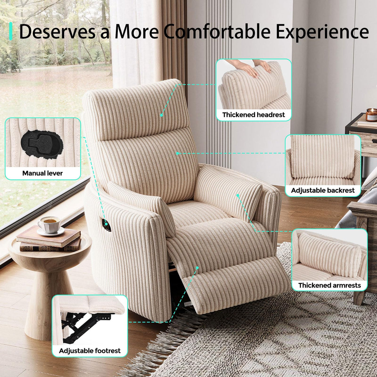 360 Swivel Recliner Chair with 2 Pillows Beige Corduroy G55016
