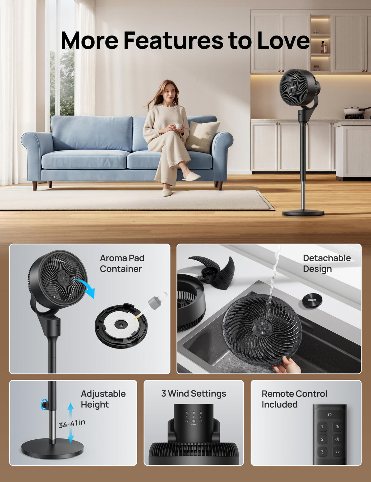 80° Oscillating Standing Fan, 20dB Quiet, 3 Speeds, Remote, Adjustable Height G2894