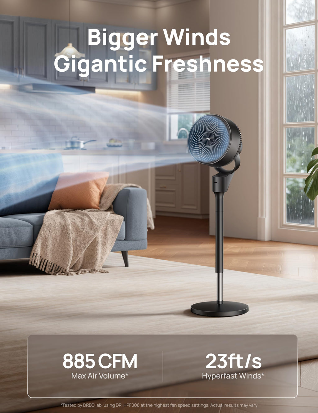 80° Oscillating Standing Fan, 20dB Quiet, 3 Speeds, Remote, Adjustable Height G2894
