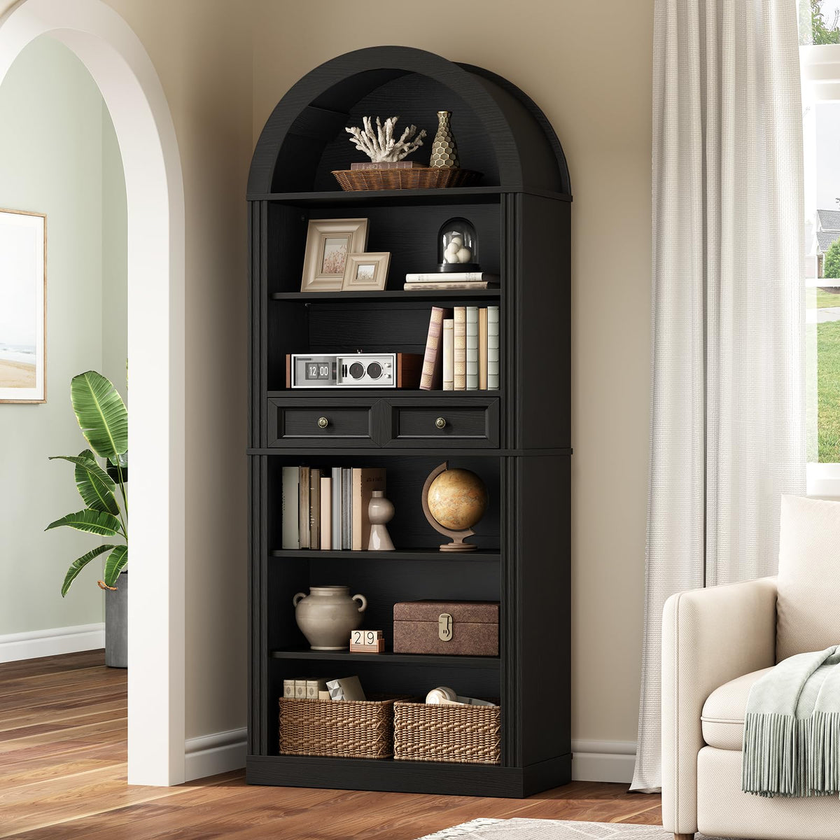 73" Tall Black 6-Tier Wood Bookshelf with Drawer P96476