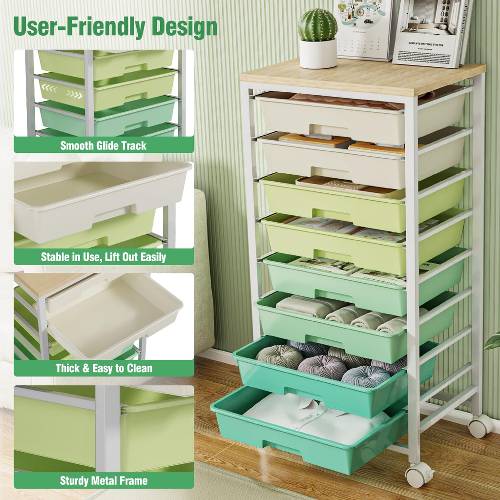 Rolling Storage Cart with 8 Drawers & Wooden Tabletop, Green, White G597257