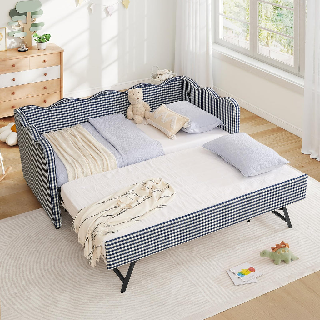 Blue Linen Upholstered Twin Daybed with Trundle U603551