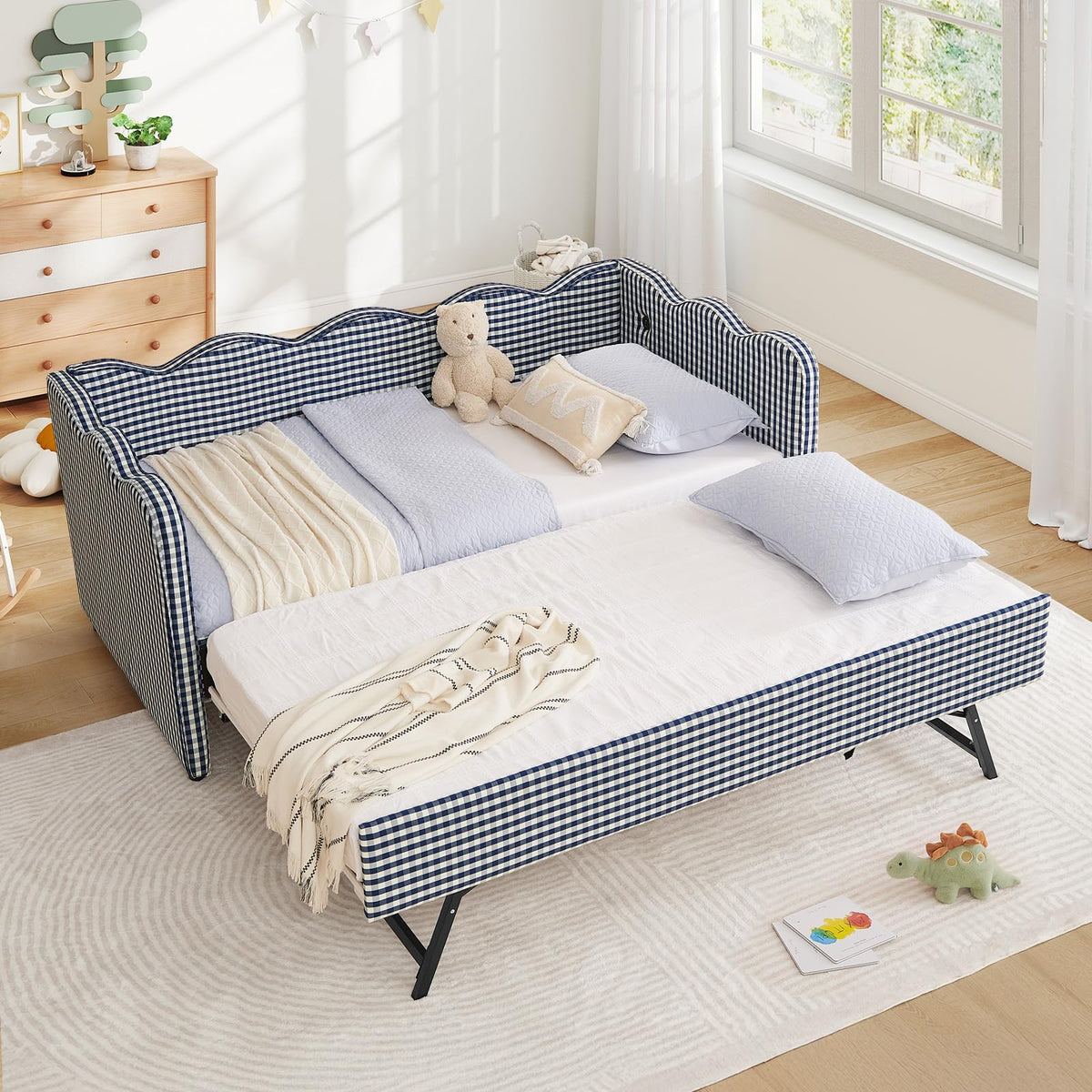Blue Linen Upholstered Twin Daybed with Trundle U603551