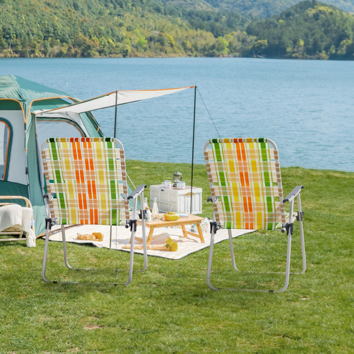 Set of 2 Webbed Folding Beach Chairs Yellow & Green C335681