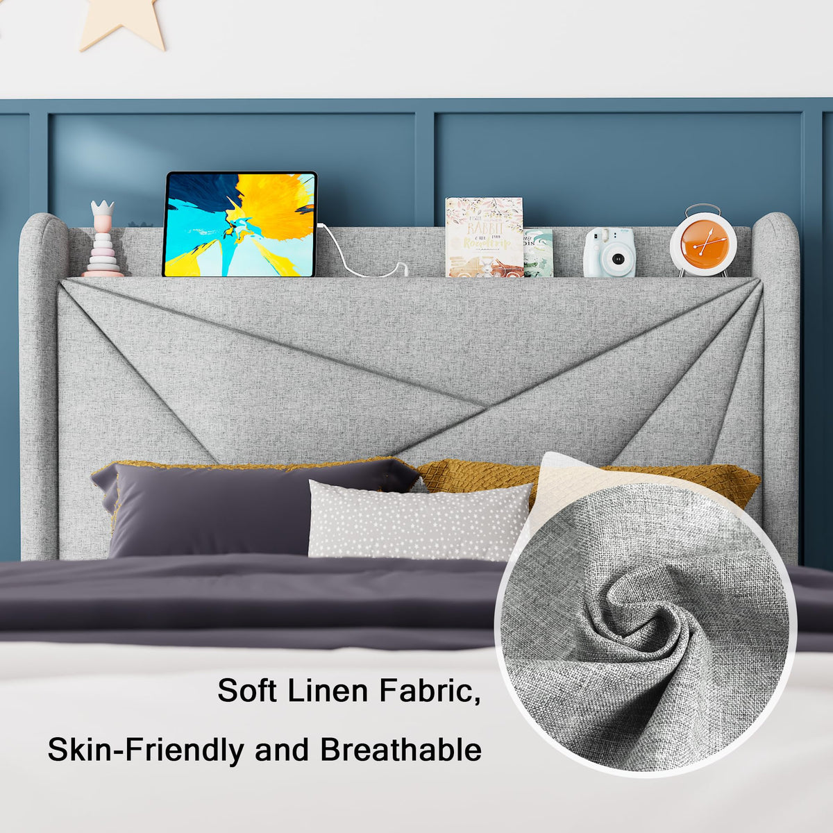 Light Gray Upholstered Twin Bed Frame with Storage Headboard E304989