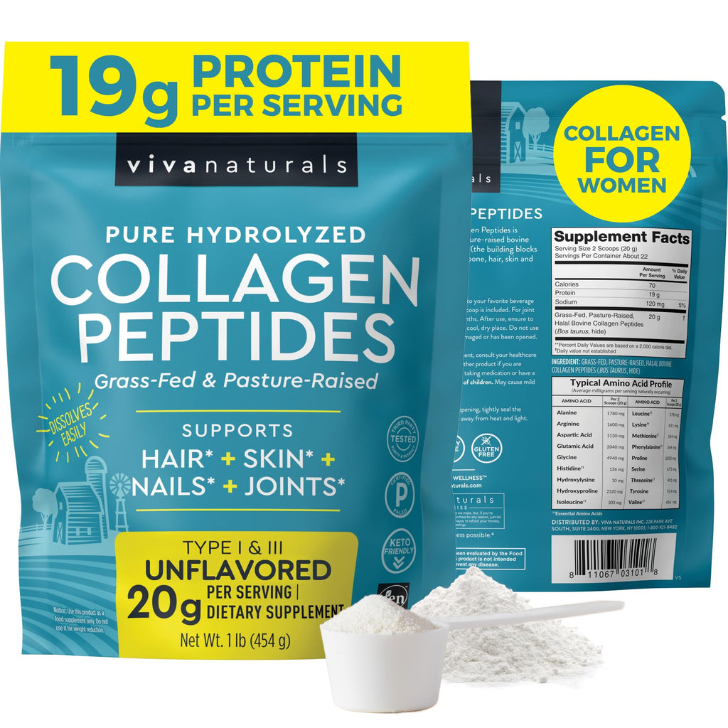 Collagen Peptides Powder - Grass-Fed Hydrolyzed Bovine, Type I & III - 19 g Protein, Unflavored - 1lb T445