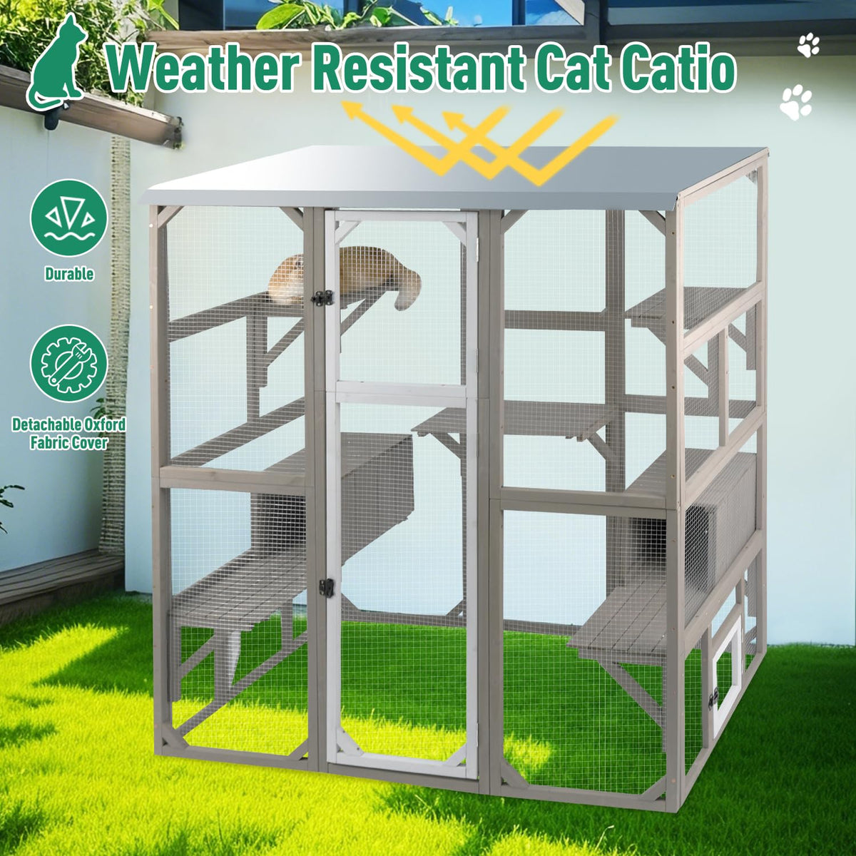 Large Wooden Outdoor Cat Catio Enclosure with 2 Doors, 2 Resting Rooms, 5 Platforms U22433