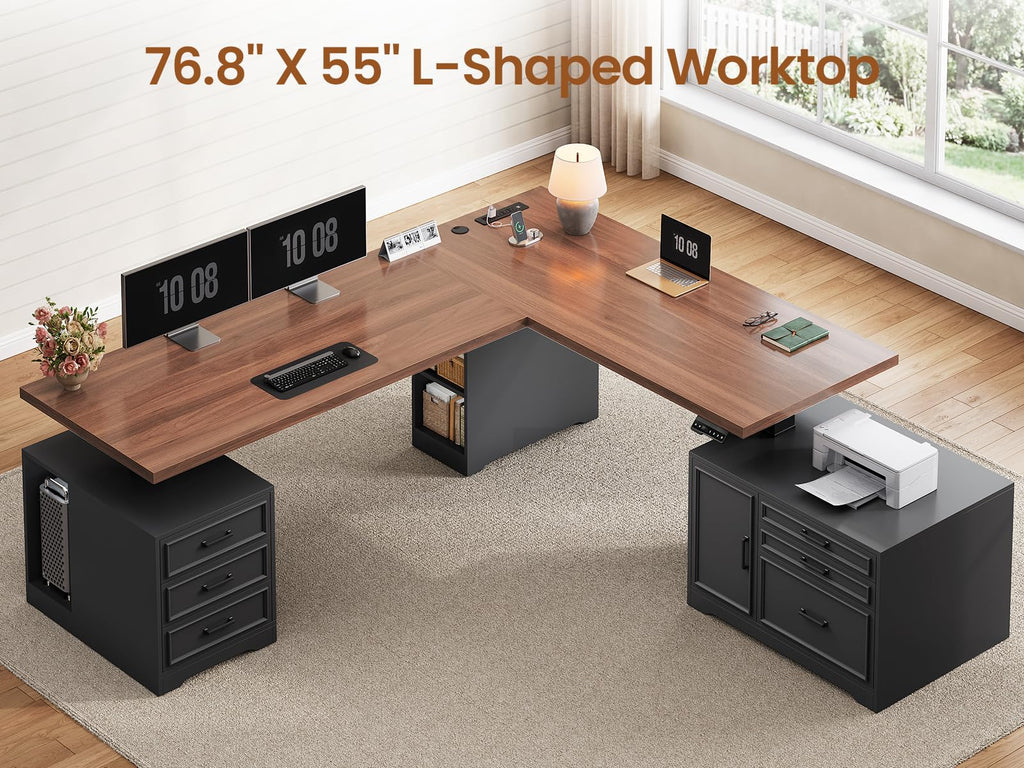 L Shaped Black Electric Standing Desk with 6 Drawers E9142