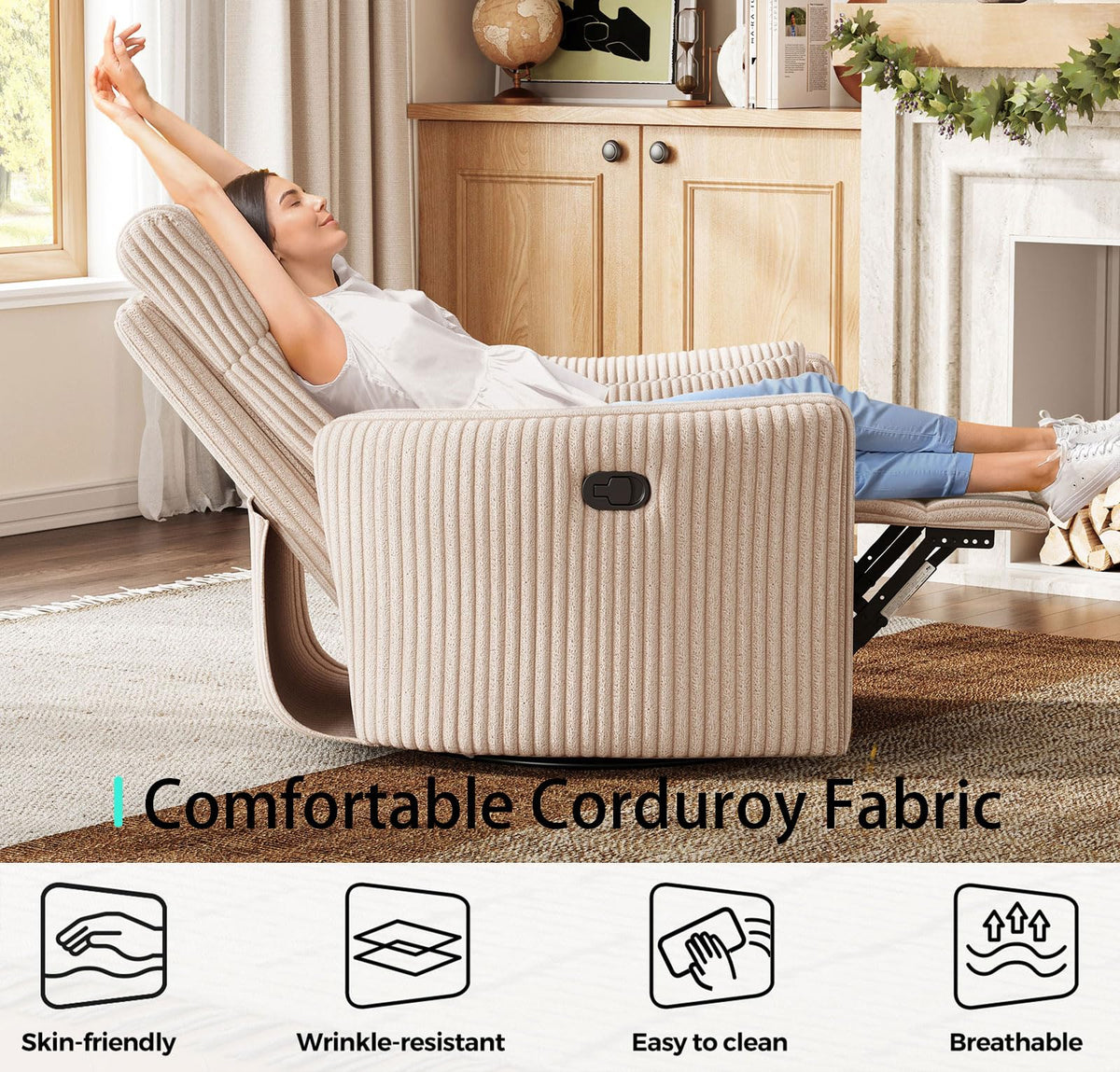 360 Swivel Recliner Chair with 2 Pillows Beige Corduroy G55016
