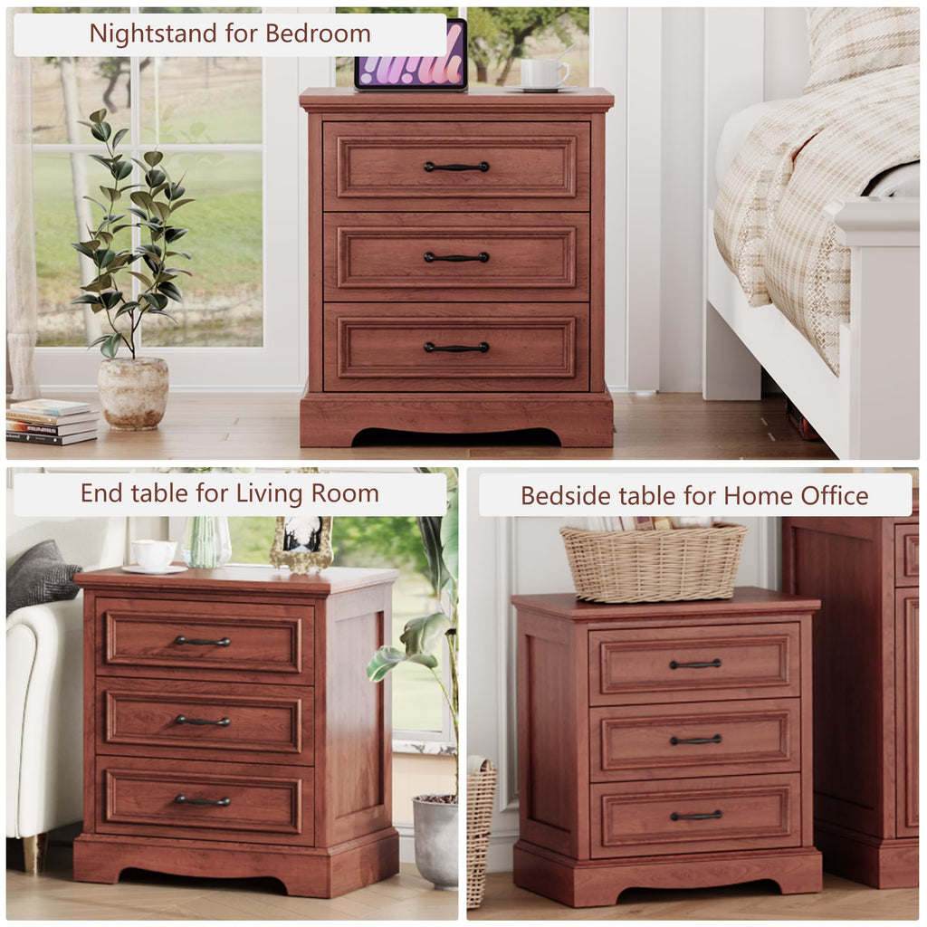 Cherry Brown 3 Drawer Nightstand with Charging Station M77266