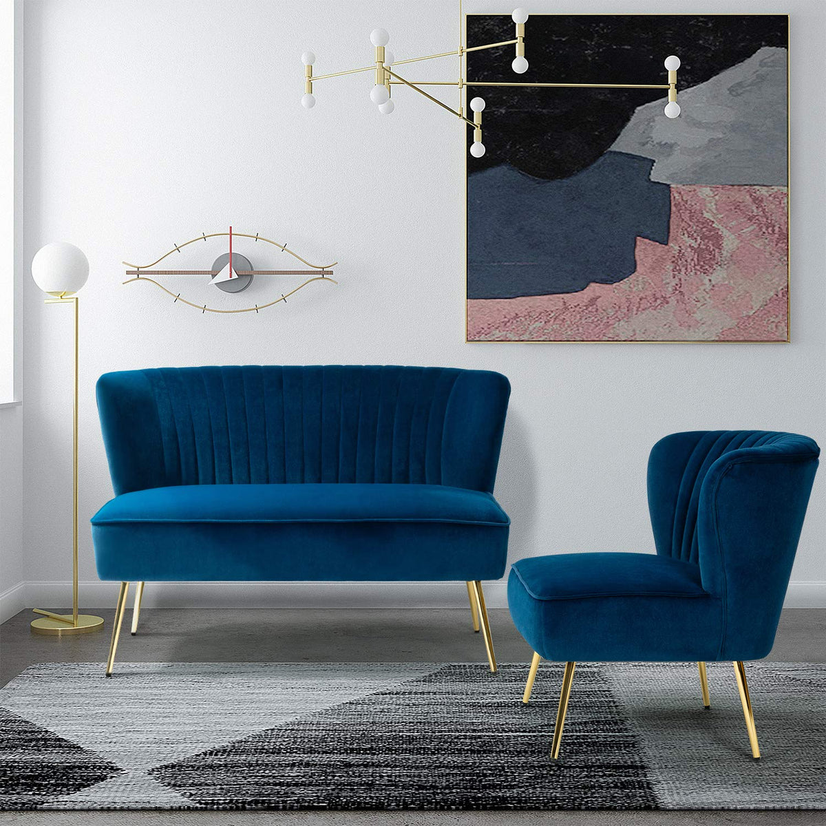 Navy Velvet Tufted Loveseat Sofa T965