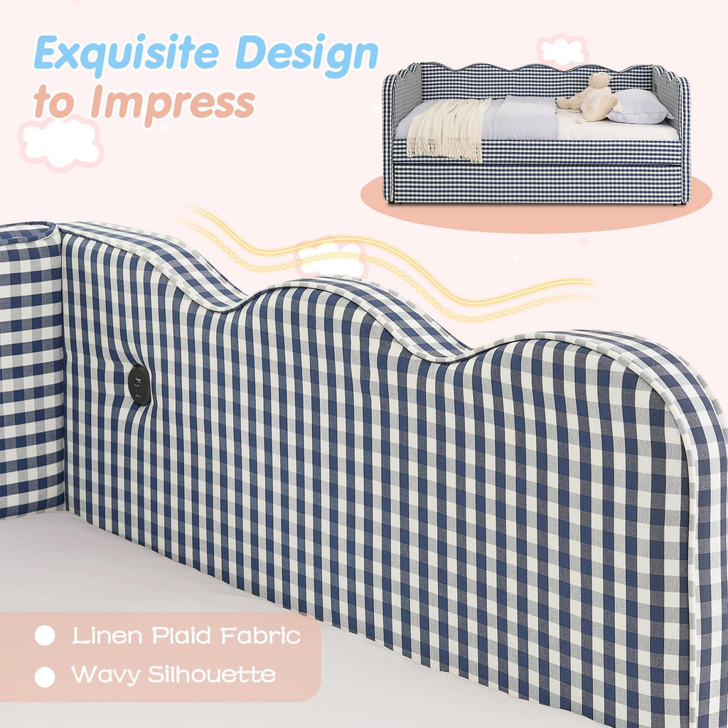 Blue Linen Upholstered Twin Daybed with Trundle U603551