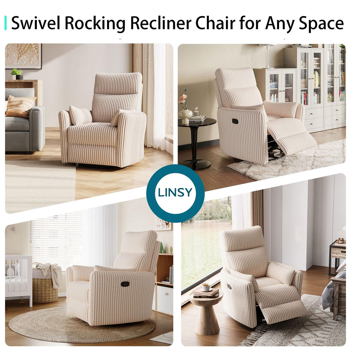 360 Swivel Recliner Chair with 2 Pillows Beige Corduroy G55016