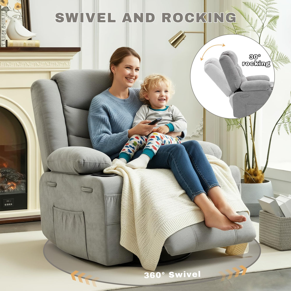 Grey Chenille Swivel Rocker Recliner Chair T774158