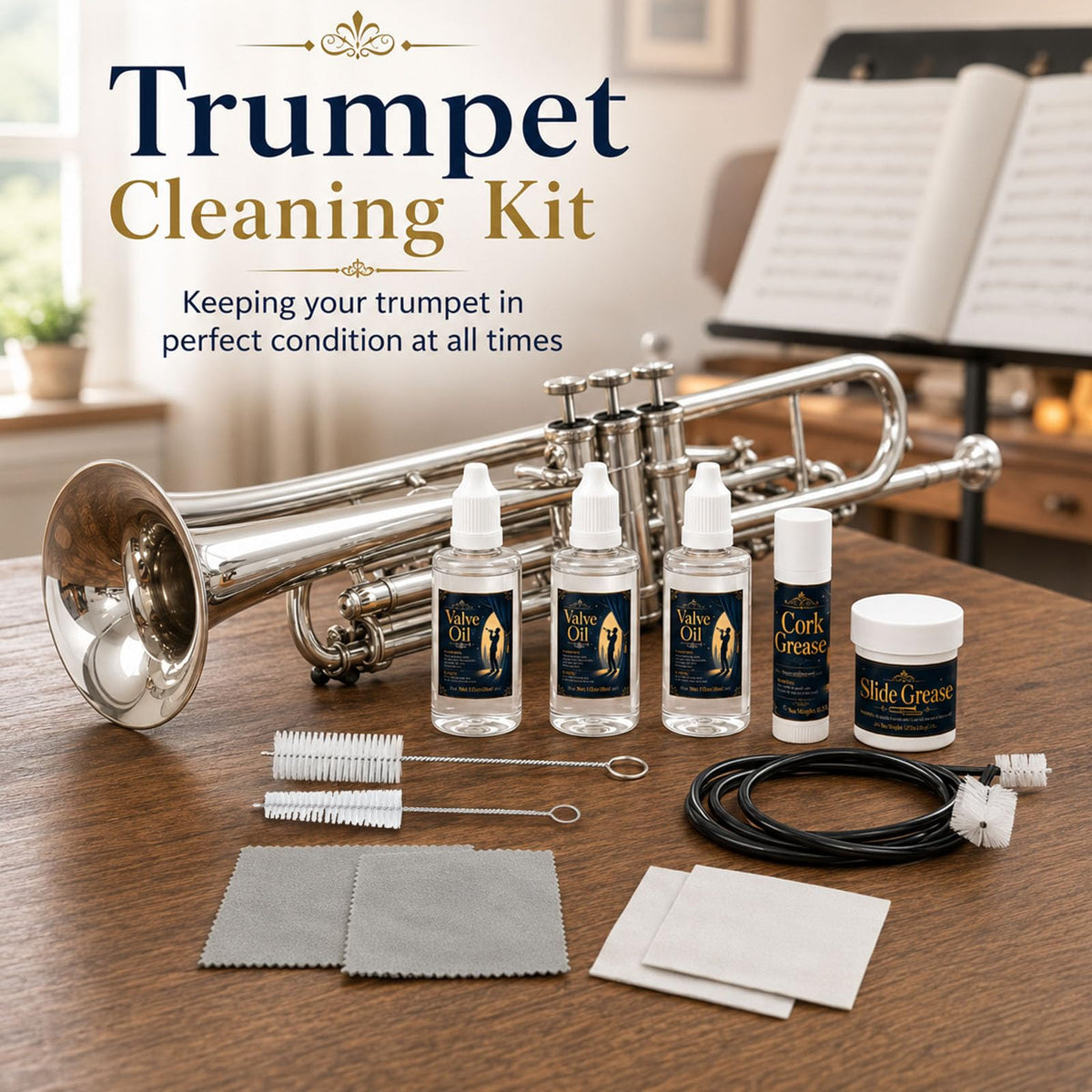 12 Pc Trumpet Cleaning Care Kit with Valve Oil, Grease, Brush P20975