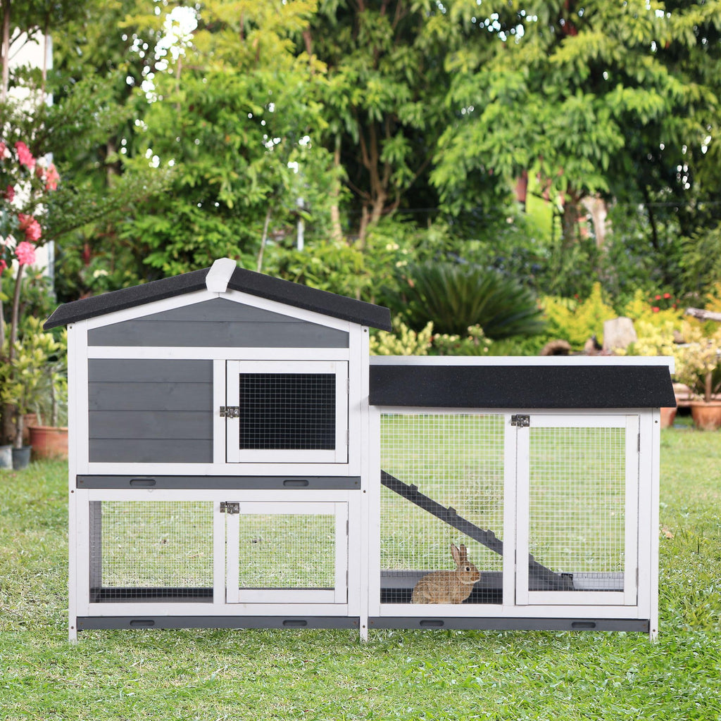 Gray 2-Tier Wooden Rabbit Hutch with Removable Tray O580701