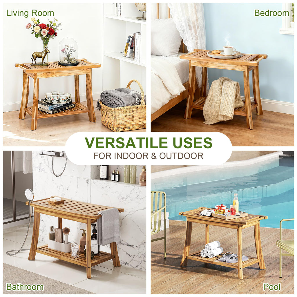 24" Teak Shower Bench with Handles & Towel Shelf D143